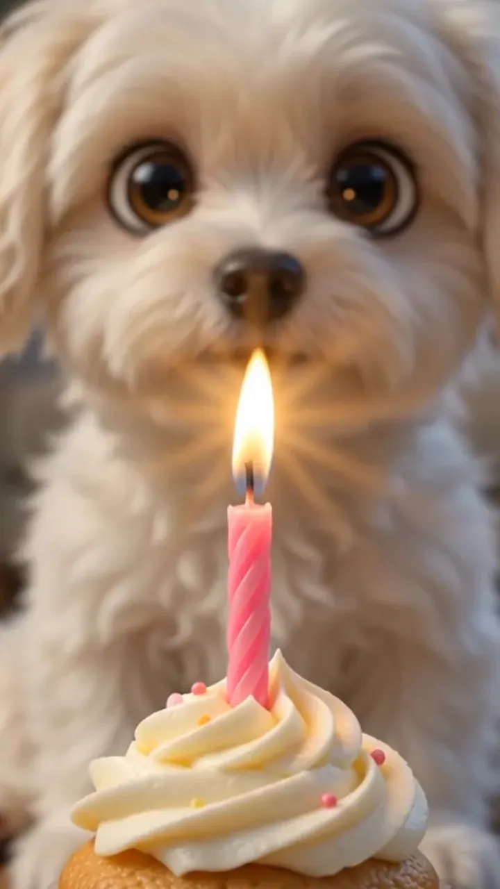 Bella looking at a cupcake with a single lit pink candle.