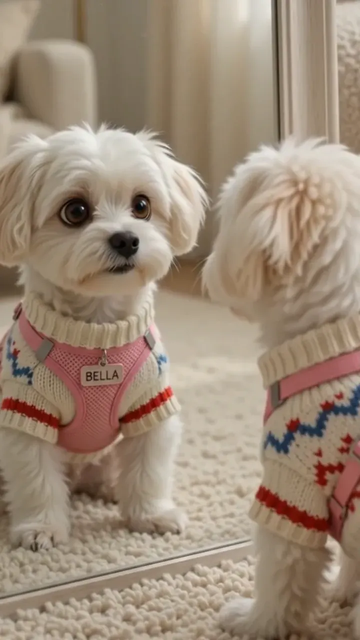Bella in her cream knitted sweater and pink BELLA harness looking into a mirror.