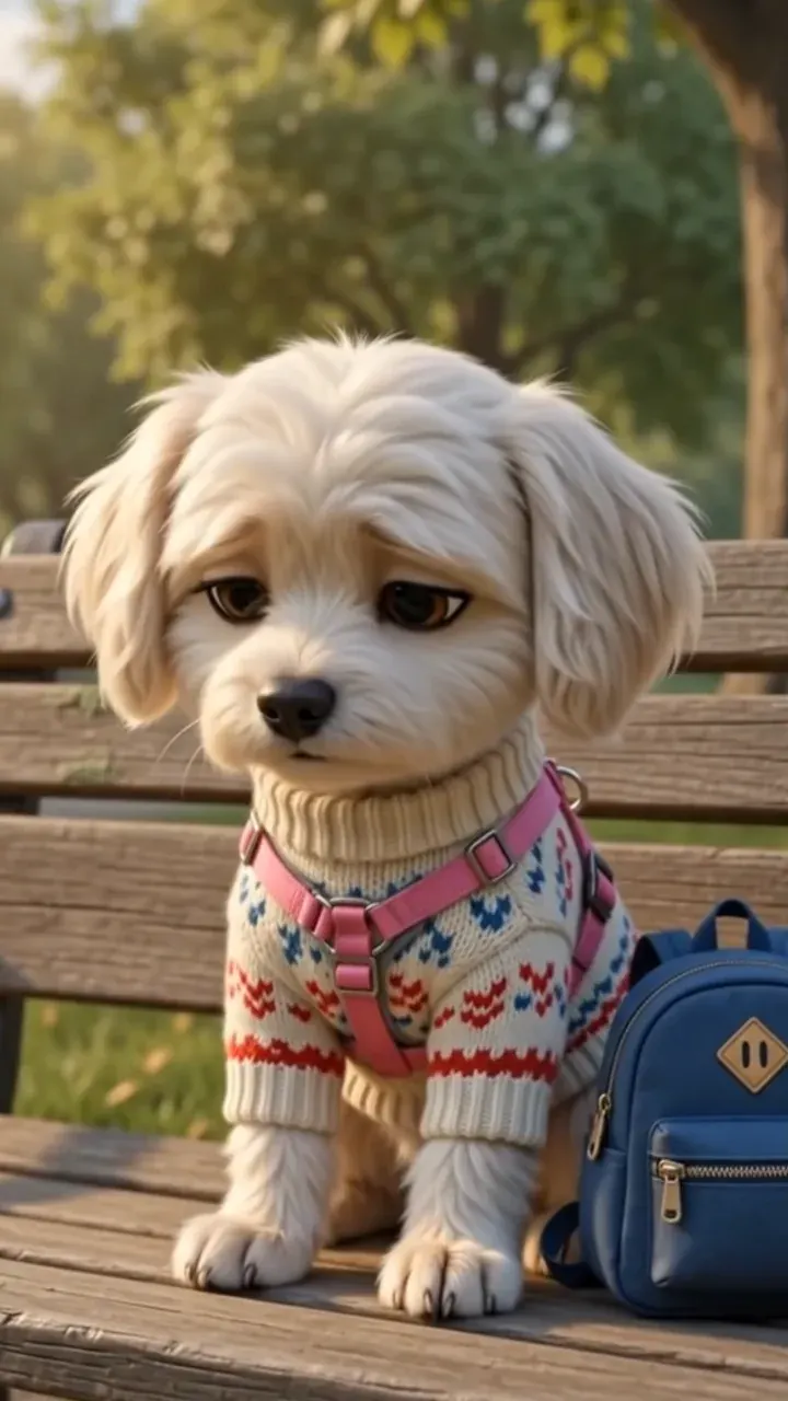 Bella sitting on a wooden park bench next to a small blue backpack.