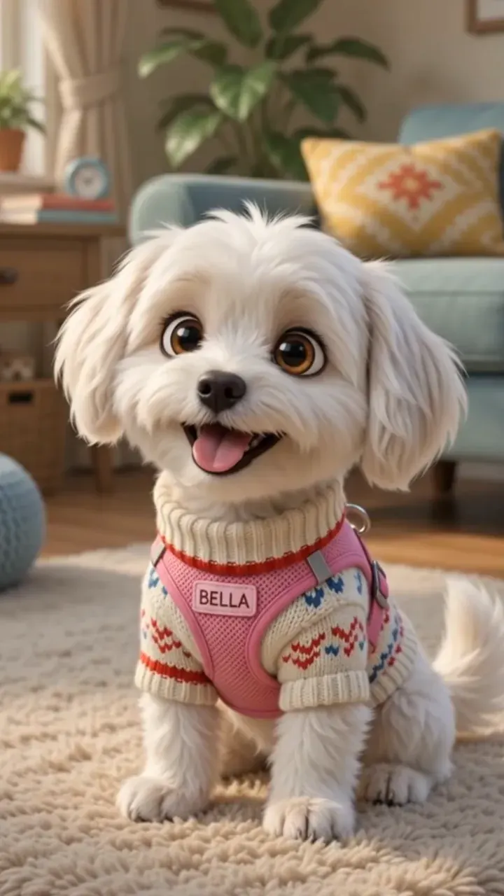 Bella smiling brightly in a living room, wearing her pink BELLA harness.