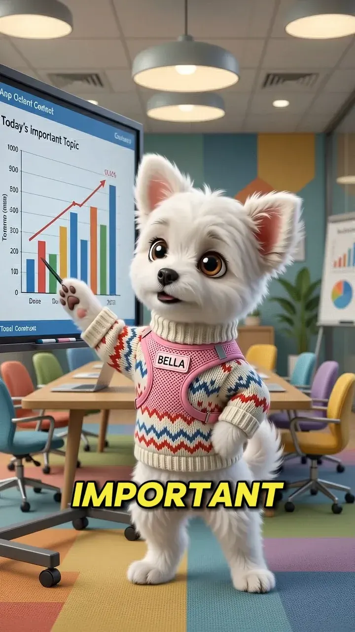 Bella pointing at a bar chart on a screen in a bright meeting room.