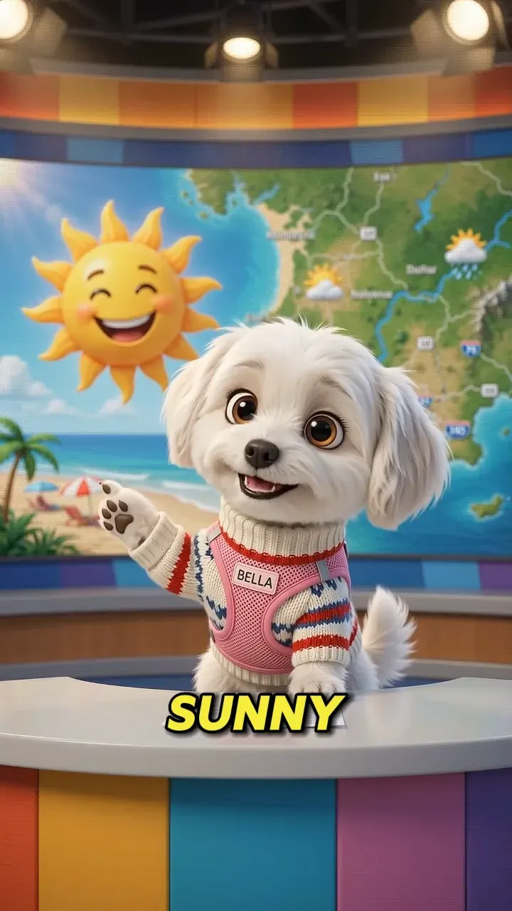 Bella presenting a sunny weather map in a colorful television studio.